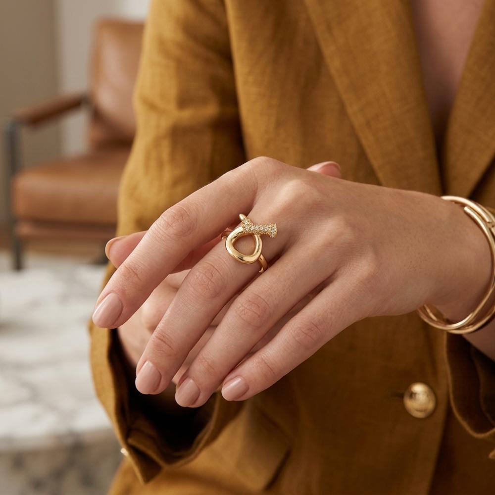 The99Jewel Gold Plated American Diamond And Brass Adjustable Ring
