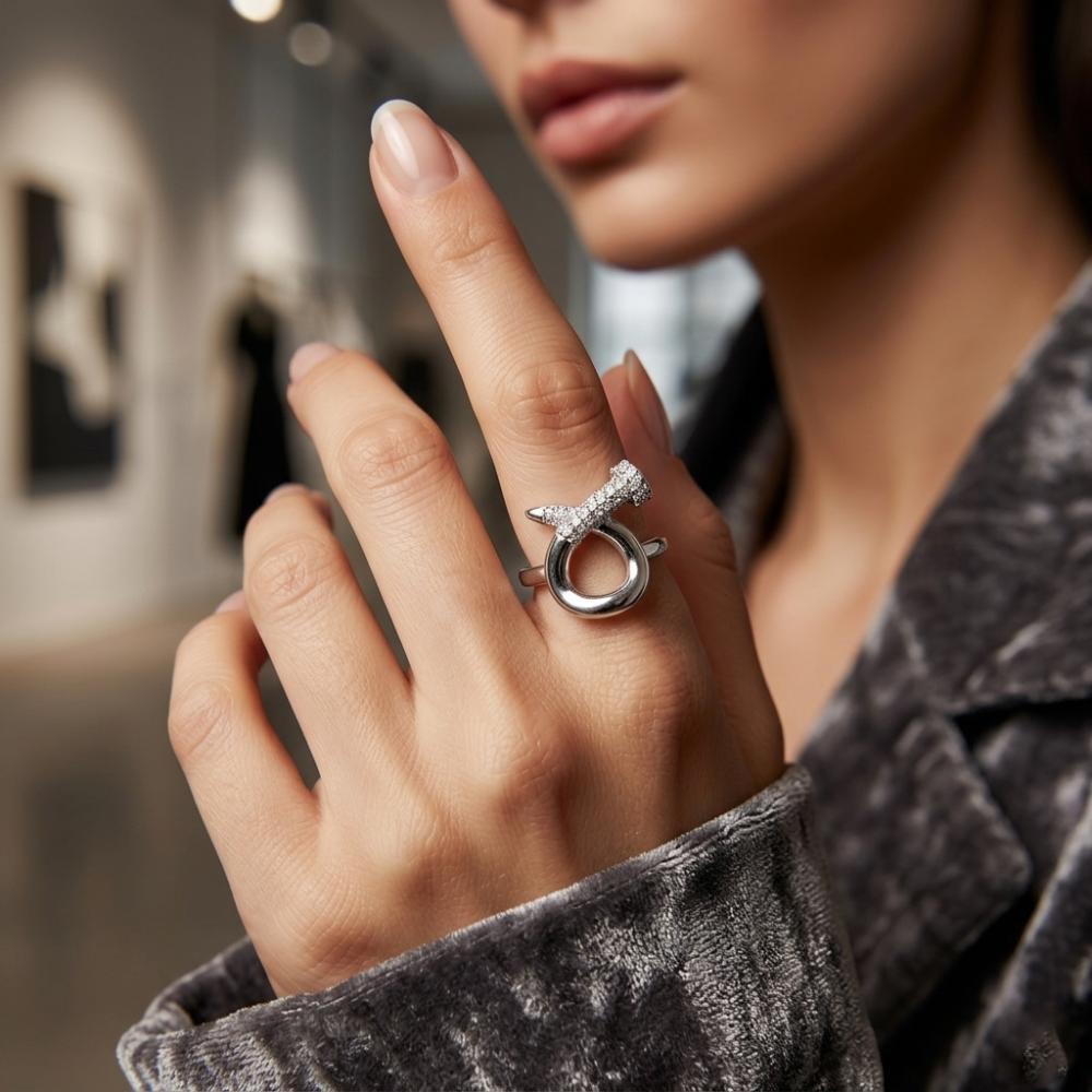 The99Jewel Silver Plated American Diamond And Brass Adjustable Ring