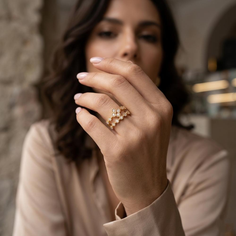 The99Jewel Gold Plated American Diamond And Brass Adjustable Ring