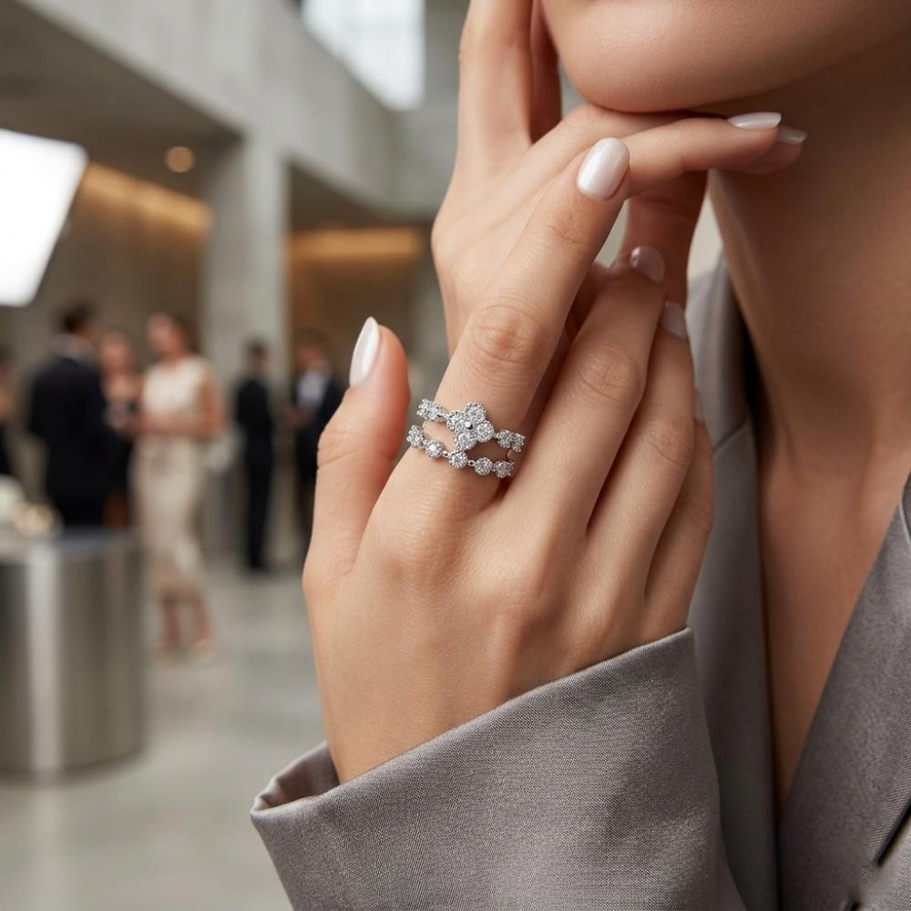 The99Jewel Silver Plated American Diamond And Brass Adjustable Ring