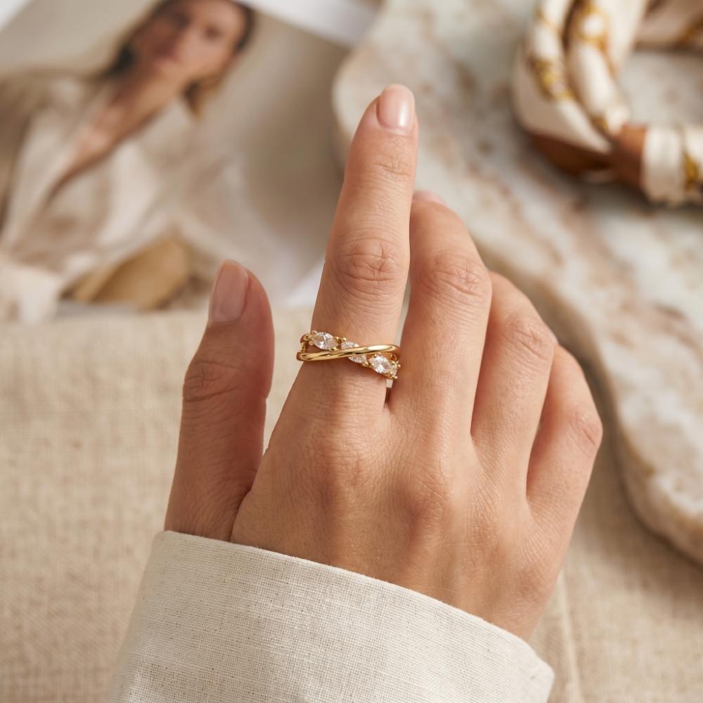 The99Jewel Gold Plated American Diamond And Brass Adjustable Ring