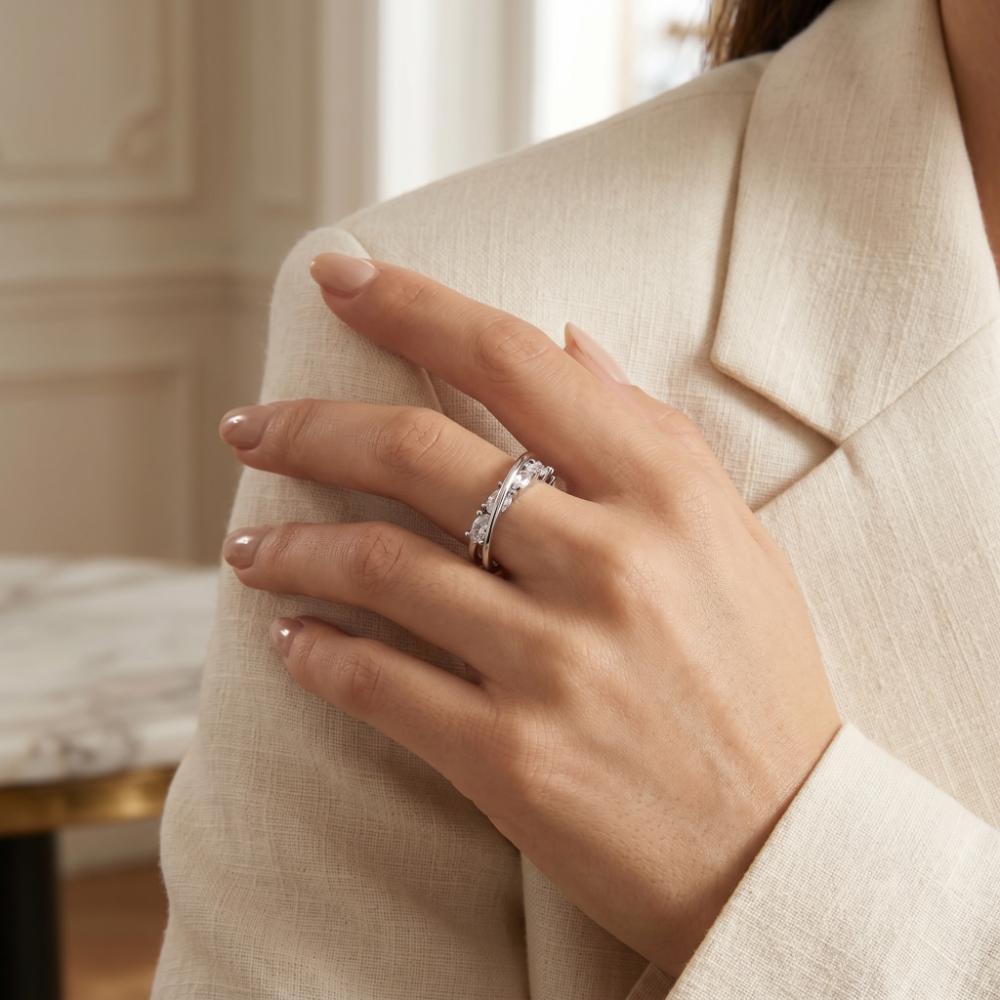 The99Jewel Silver Plated American Diamond And Brass Adjustable Ring