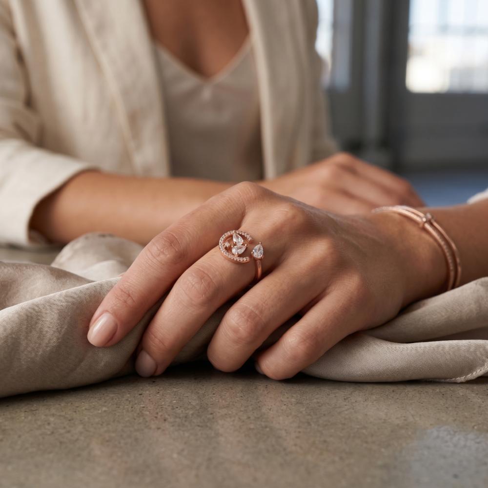 The99Jewel Rose Gold Plated American Diamond And Brass Adjustable Ring