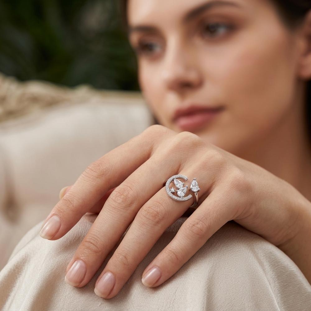The99Jewel Silver Plated American Diamond And Brass Adjustable Ring