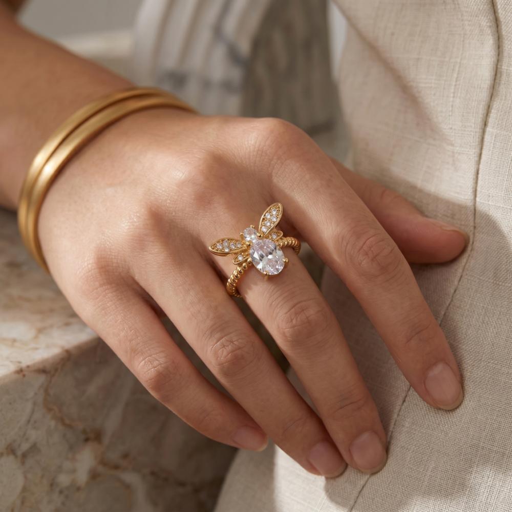 The99Jewel Gold Plated American Diamond And Brass Adjustable Ring