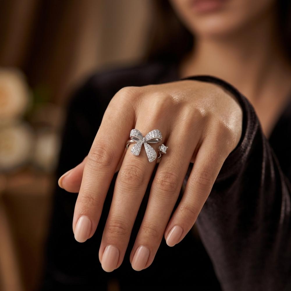 The99Jewel Silver Plated American Diamond And Brass Adjustable Ring