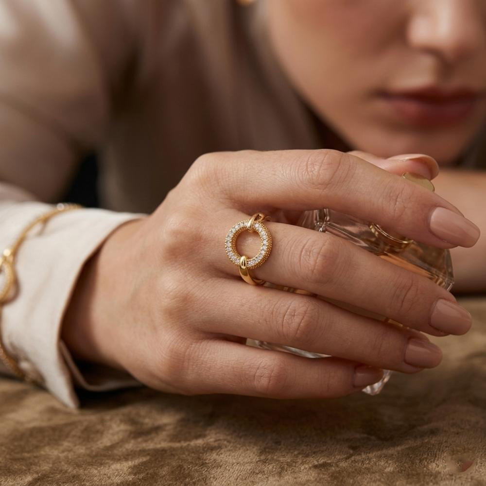 The99Jewel Gold Plated American Diamond and Brass Adjustable Ring