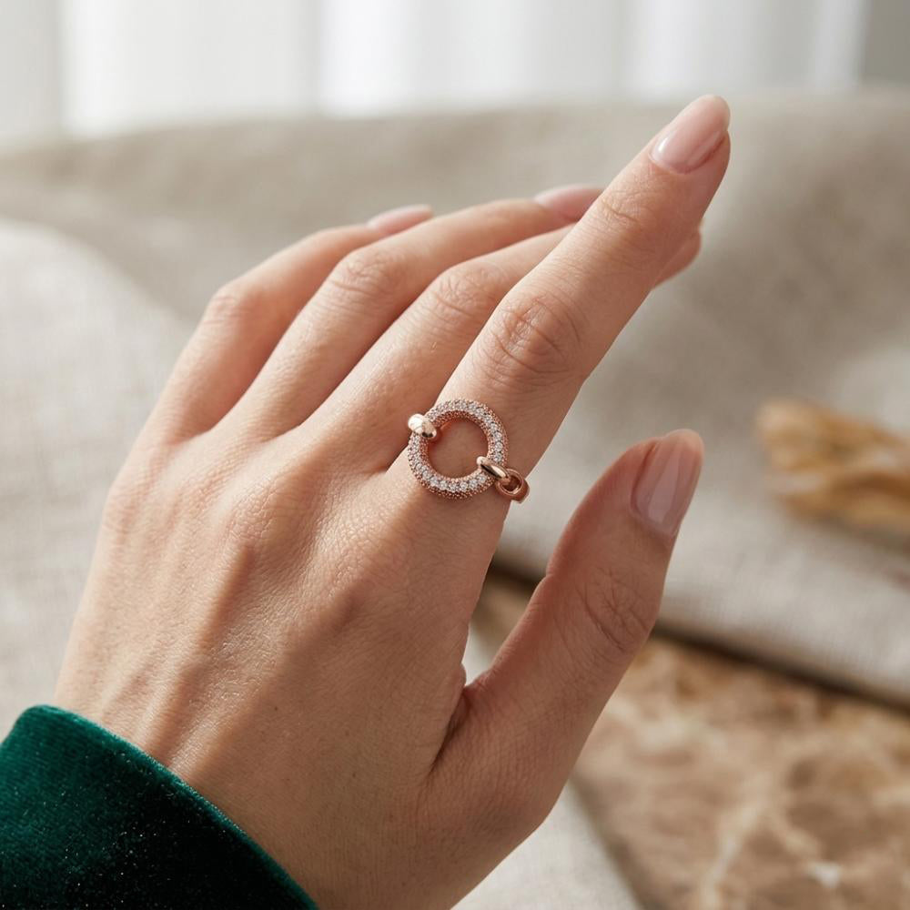 The99Jewel Rose Gold Plated American Diamond and Brass Adjustable Ring