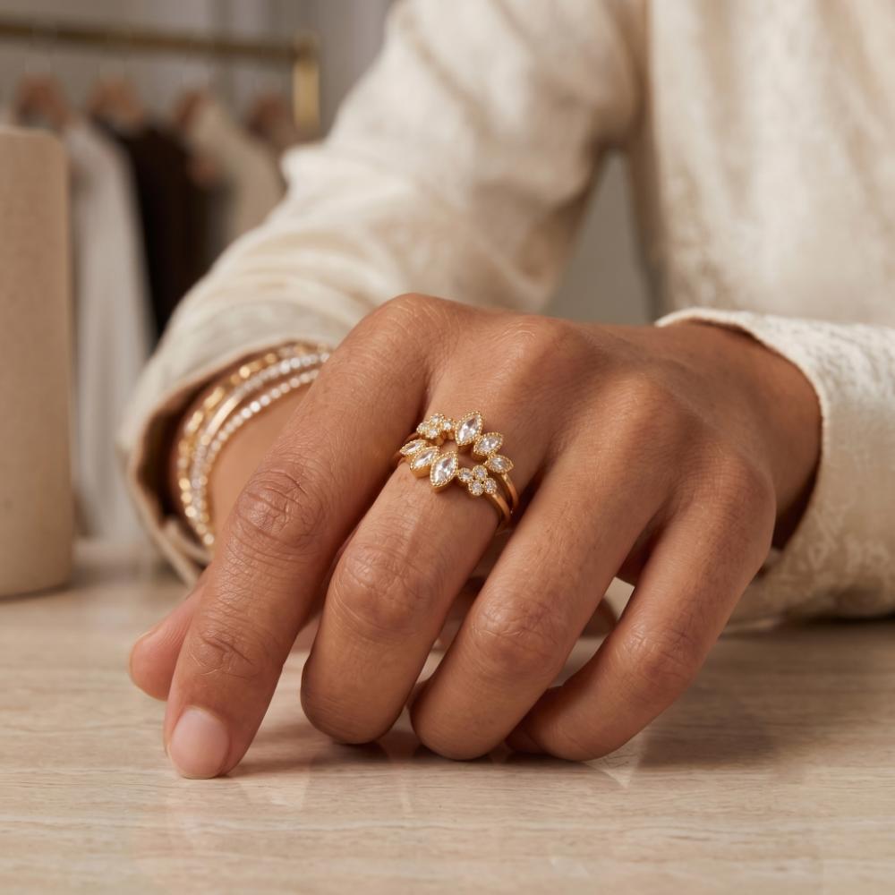 The99Jewel Gold Plated American Diamond and Brass Adjustable Ring