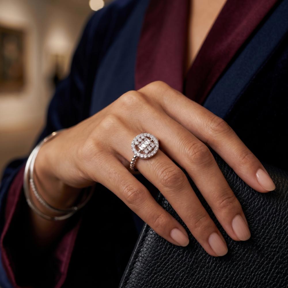 The99Jewel Silver Plated American Diamond and Brass Adjustable Ring