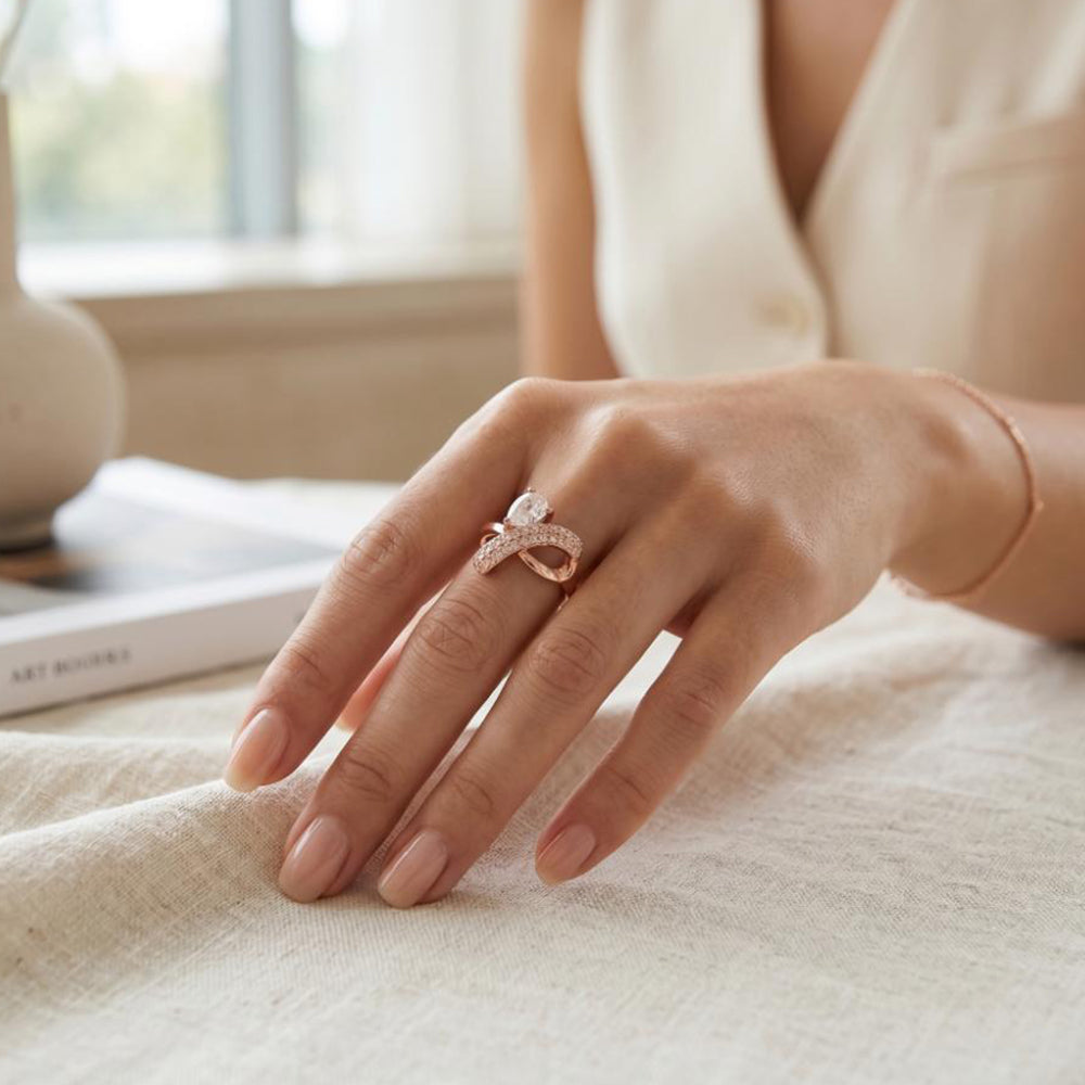 The99Jewel Rose Gold Plated American Diamond and Brass Adjustable Ring