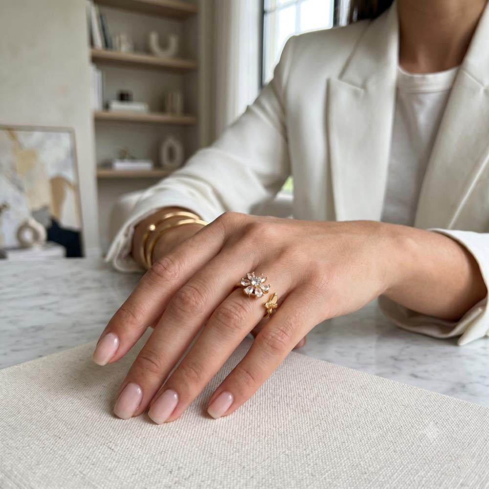 The99Jewel Gold Plated American Diamond and Brass Adjustable Ring