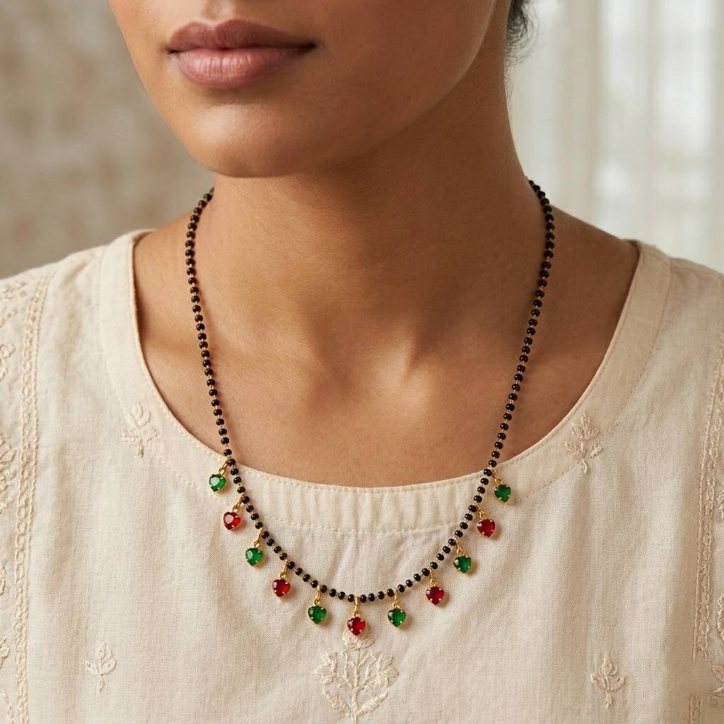 The99Jewel Red And Green Heart Shape Charms Trendy Mangalsutra For Women
