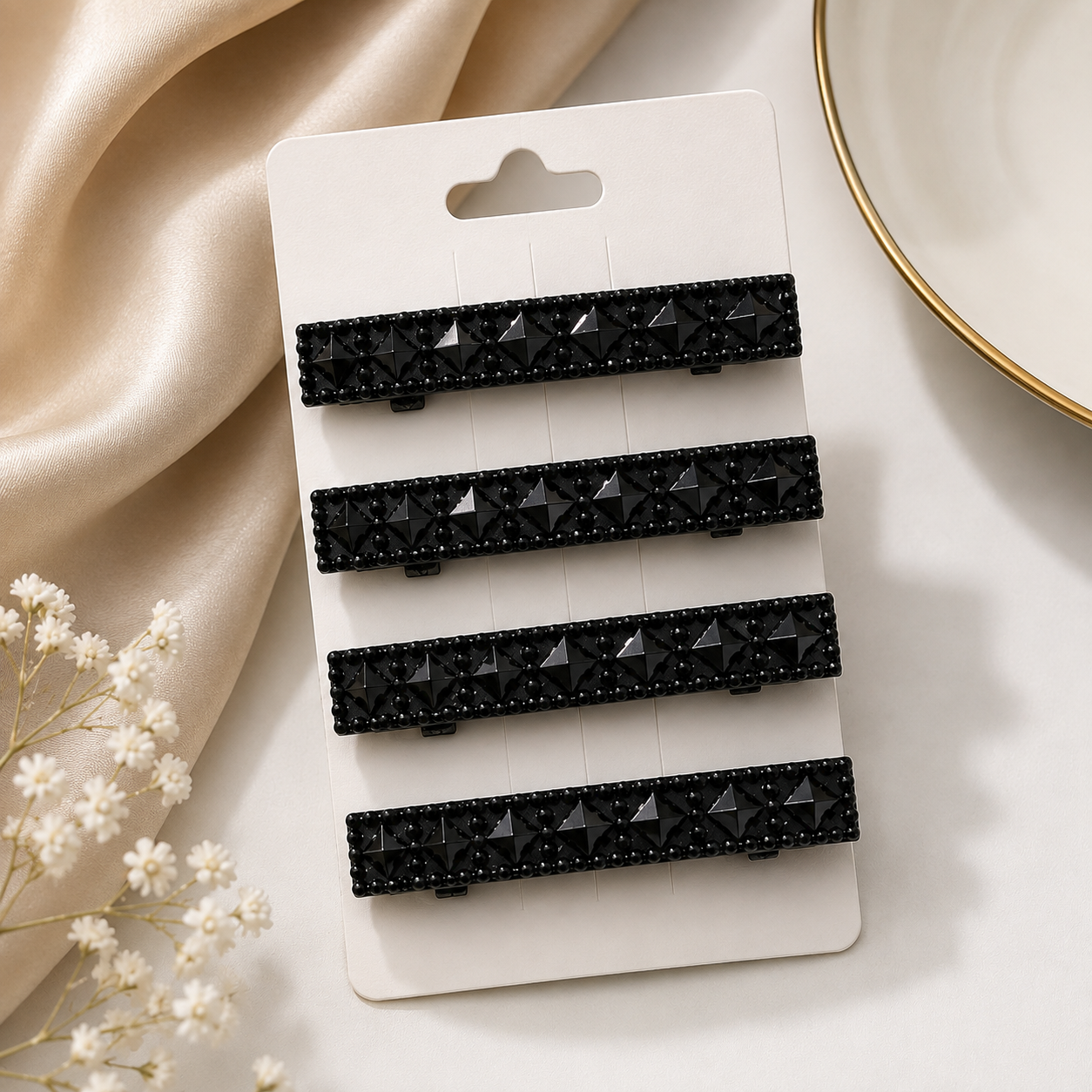 The99Jewel Set of 4 Black Matte Crystal Hair Clips for Women & Girls | Stylish Snap Hair Pins