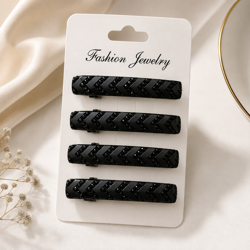 The99Jewel Set of 4 Black Matte Crystal Hair Clips for Women & Girls | Stylish Snap Hair Pins