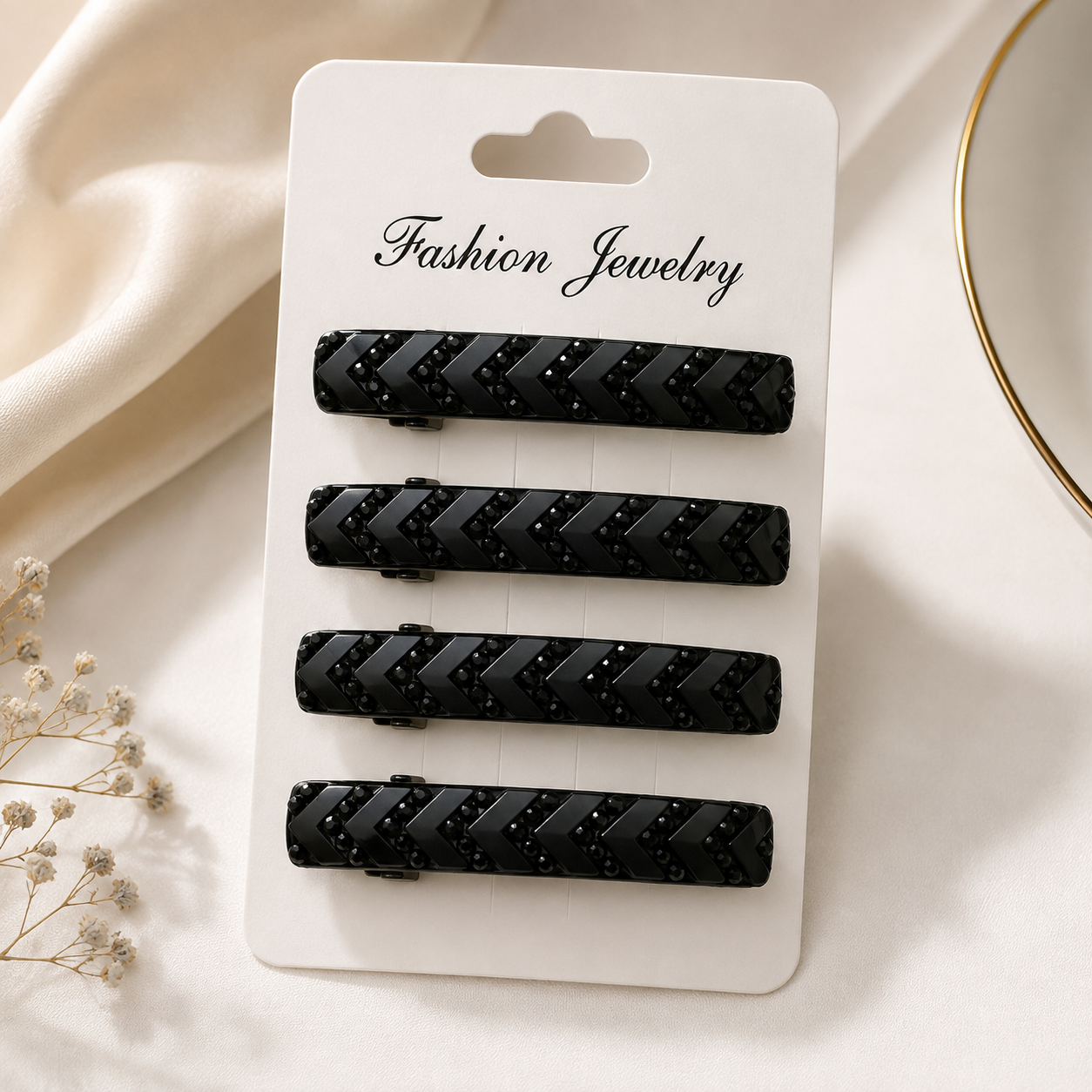 The99Jewel Set of 4 Black Matte Crystal Hair Clips for Women & Girls | Stylish Snap Hair Pins