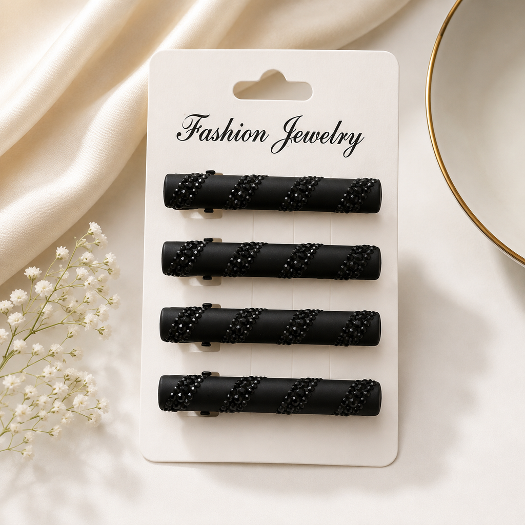 The99Jewel Set of 4 Black Matte Crystal Hair Clips for Women & Girls | Stylish Snap Hair Pins