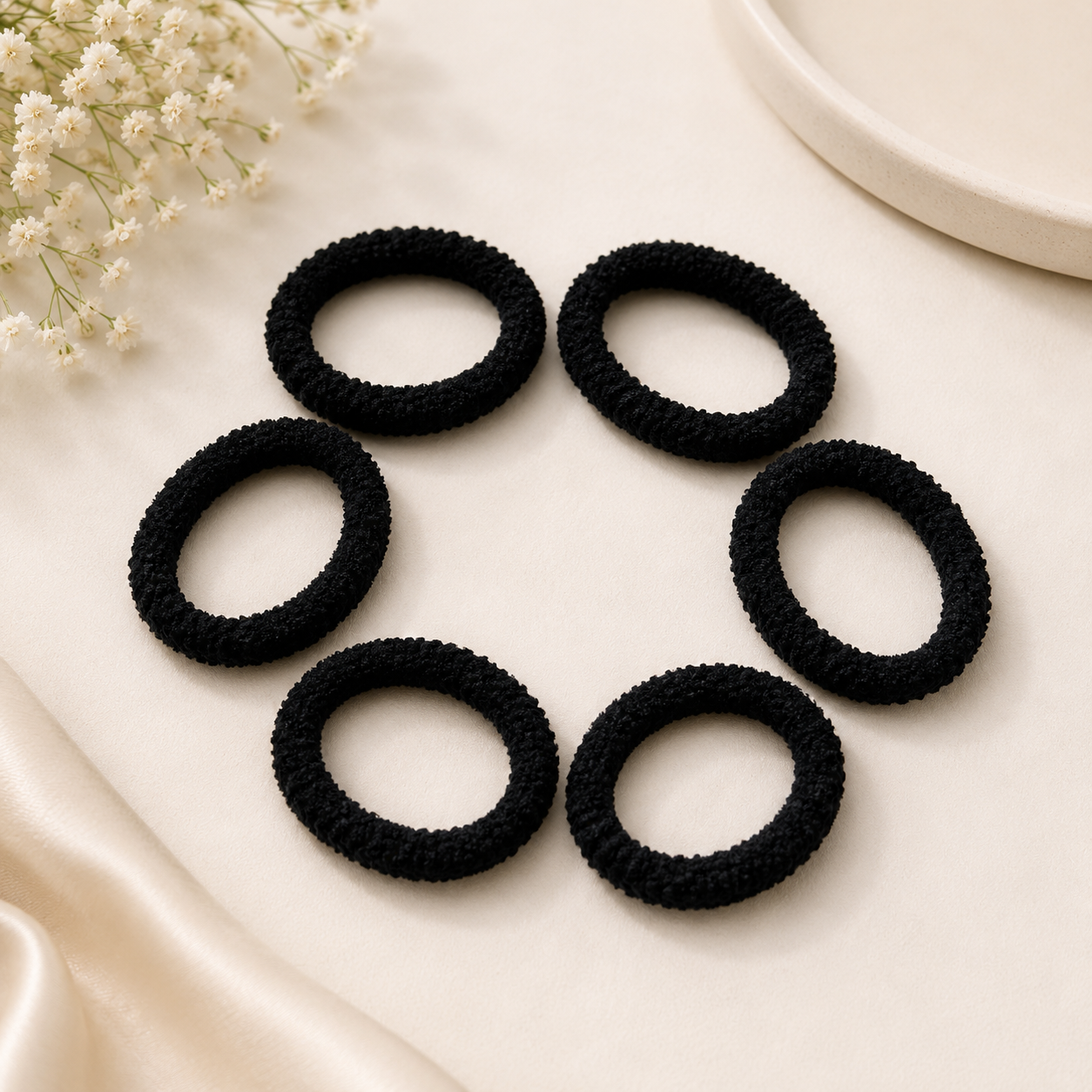The99Jewel Set of 6 Black Soft Fabric Hair Rubber Bands for Women & Girls