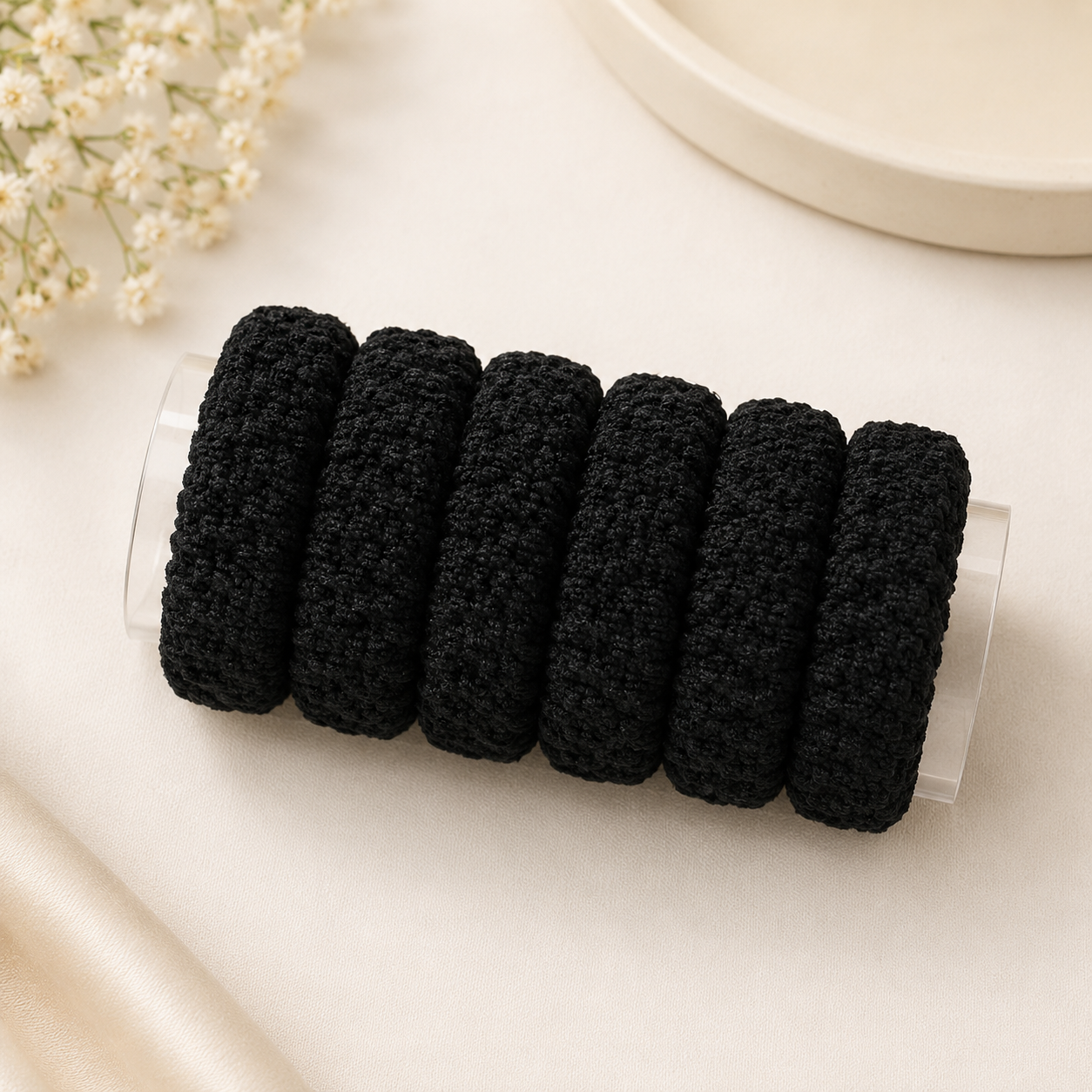 The99Jewel Set of 6 Black Soft Fabric Hair Rubber Bands for Women & Girls