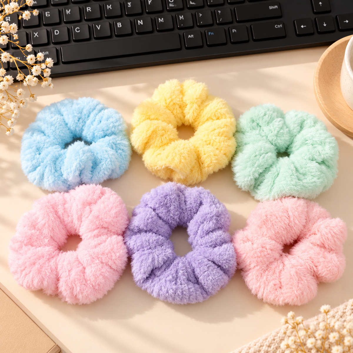 The99Jewel Cozy Furry Scrunchies for Girls & Women | 6 Pieces Cute Hair Tie Set