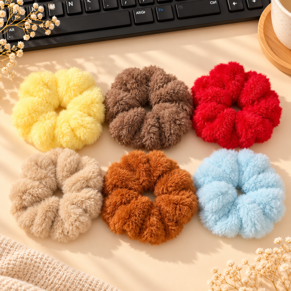 The99Jewel Cozy Furry Scrunchies for Girls & Women | 6 Pieces Cute Hair Tie Set