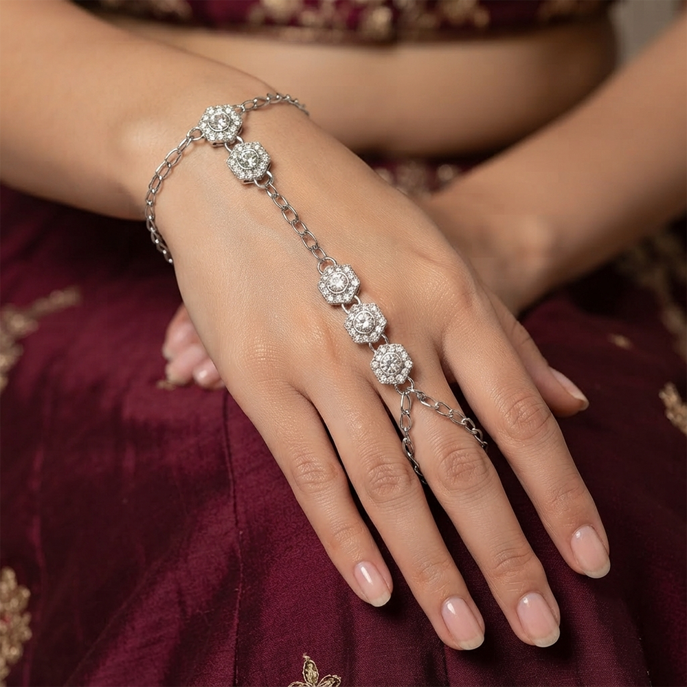 The99Jewel Silver Plated Kundan Stone Hath Panja Traditional Hand Jewellery  for Women