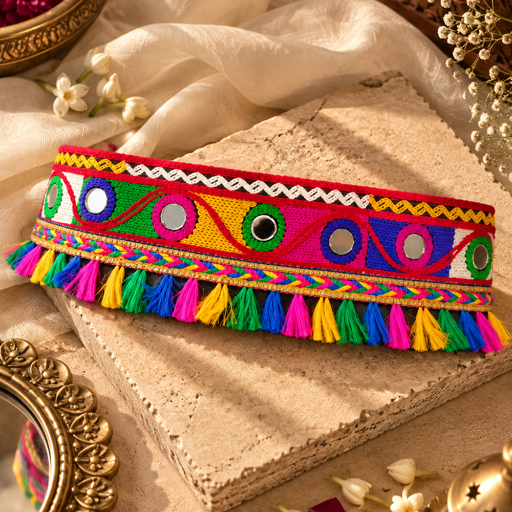 The99Jewel Traditional Navratri Mirror Work & Colorful Tassel Embellished Kamarband Waist Belt for Women