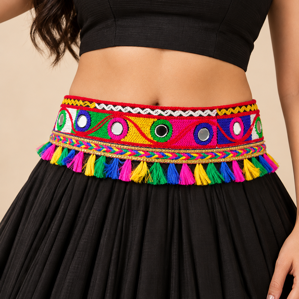 The99Jewel Traditional Navratri Mirror Work & Colorful Tassel Embellished Kamarband Waist Belt for Women