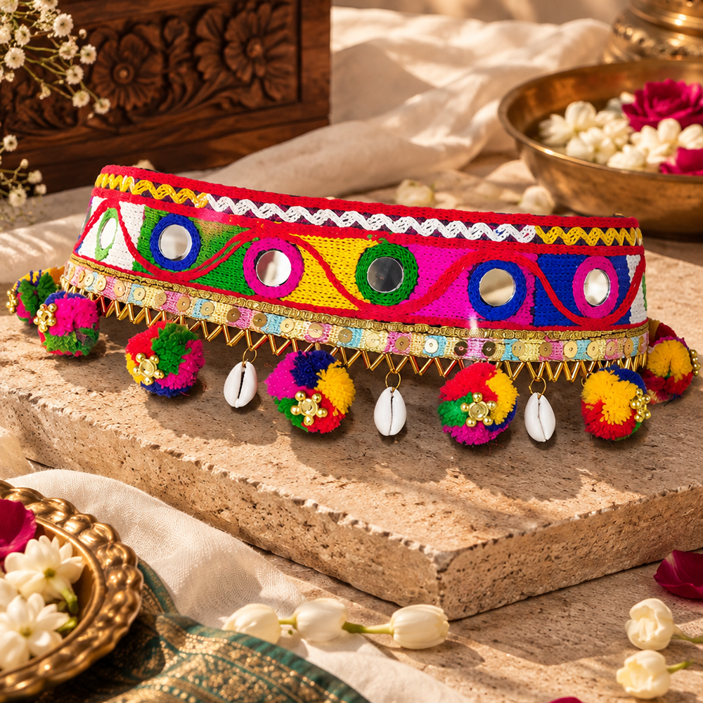 The99Jewel Festive Gujarati Mirror Work Waist Belt with  Triangular Gold Hangings, Shell & Pom Pom Charms