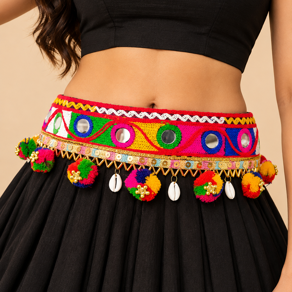The99Jewel Festive Gujarati Mirror Work Waist Belt with  Triangular Gold Hangings, Shell & Pom Pom Charms