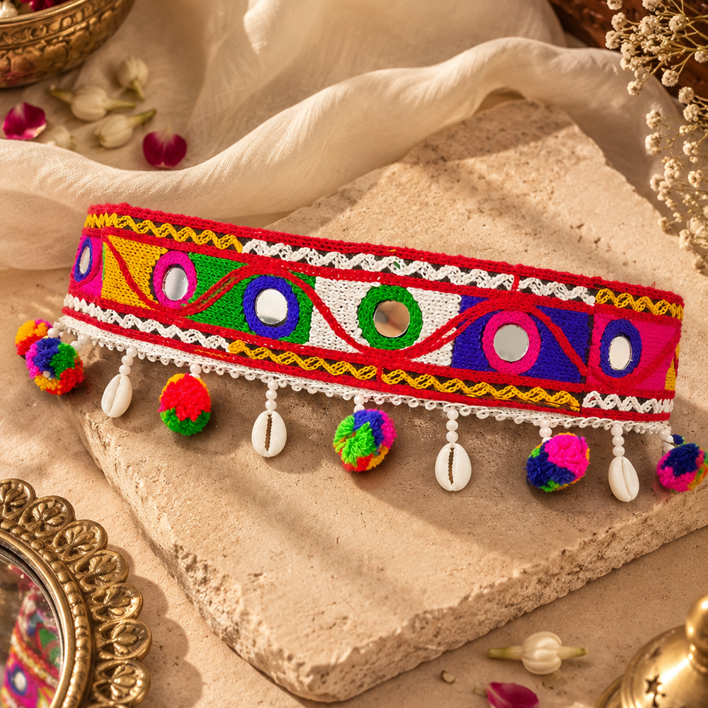 The99Jewel Colorful Mirror Work Shell & Pom Pom Kamarband Waist Belt for Navratri Festive Wear