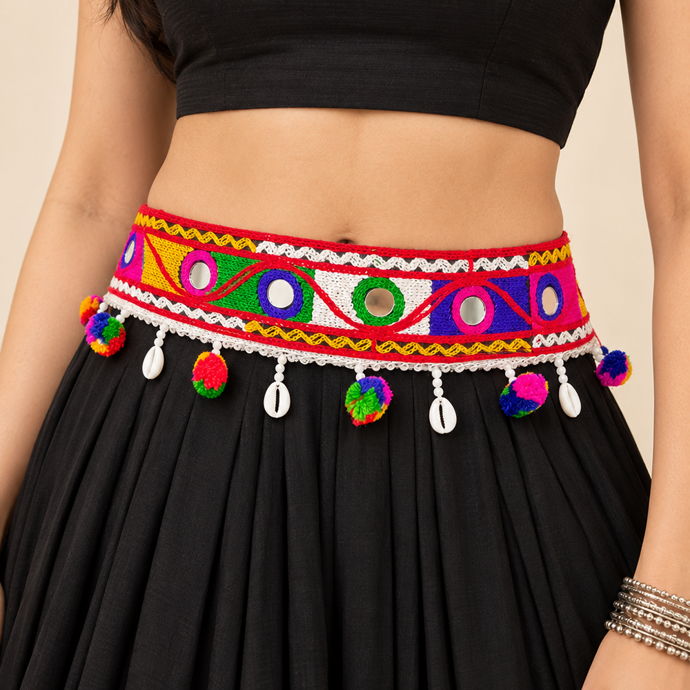 The99Jewel Colorful Mirror Work Shell & Pom Pom Kamarband Waist Belt for Navratri Festive Wear