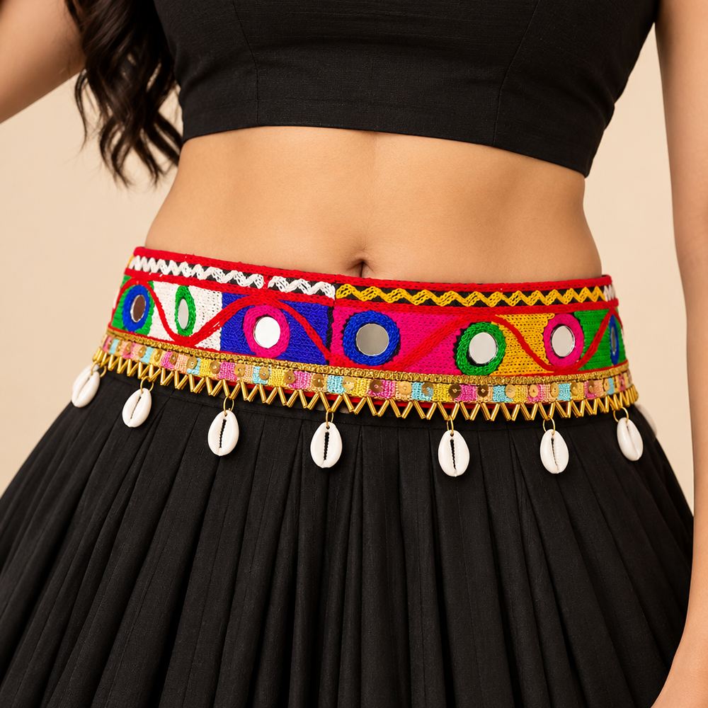 The99Jewel Traditional Navratri Mirror Work & Shell Embellished Kamarband Waist Belt for Women