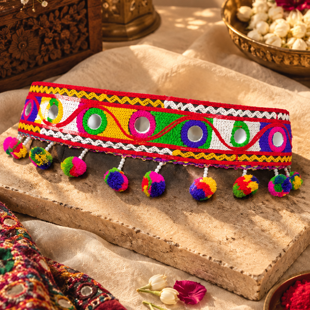 The99Jewel Gujarati Style Multicolor Mirror & Pom Pom Embroidered Kamarband Waist Belt for Garba