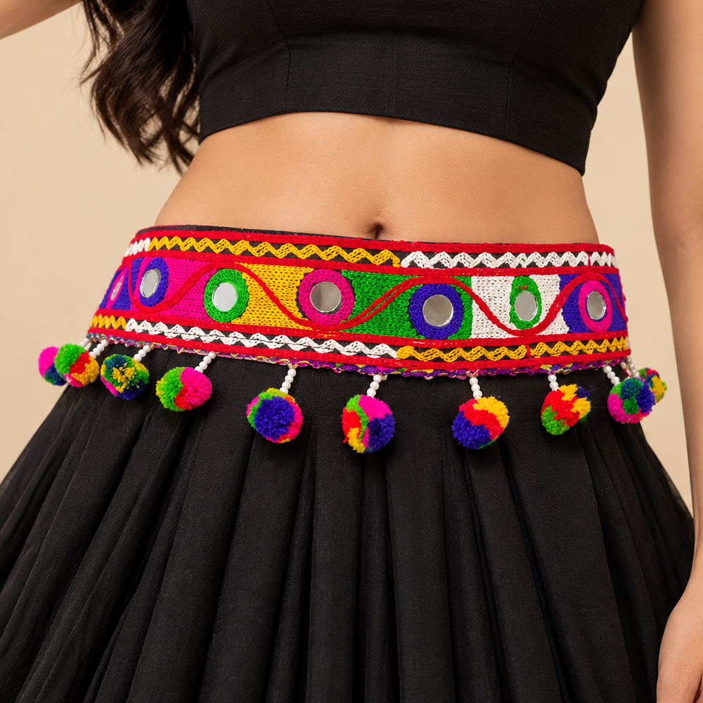The99Jewel Gujarati Style Multicolor Mirror & Pom Pom Embroidered Kamarband Waist Belt for Garba