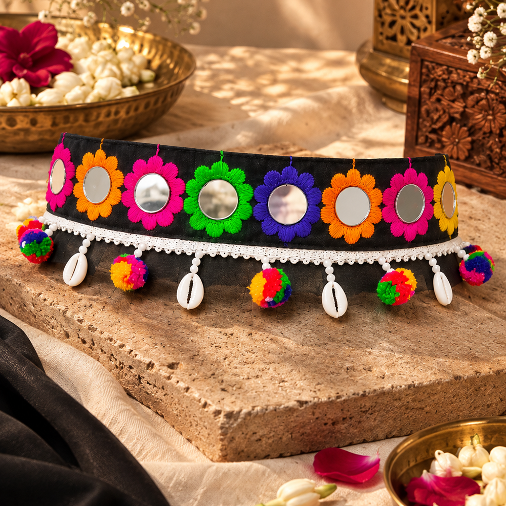 The99Jewel Colorful Mirror Work Shell & Pom Pom Kamarband Waist Belt for Navratri Festive Wear