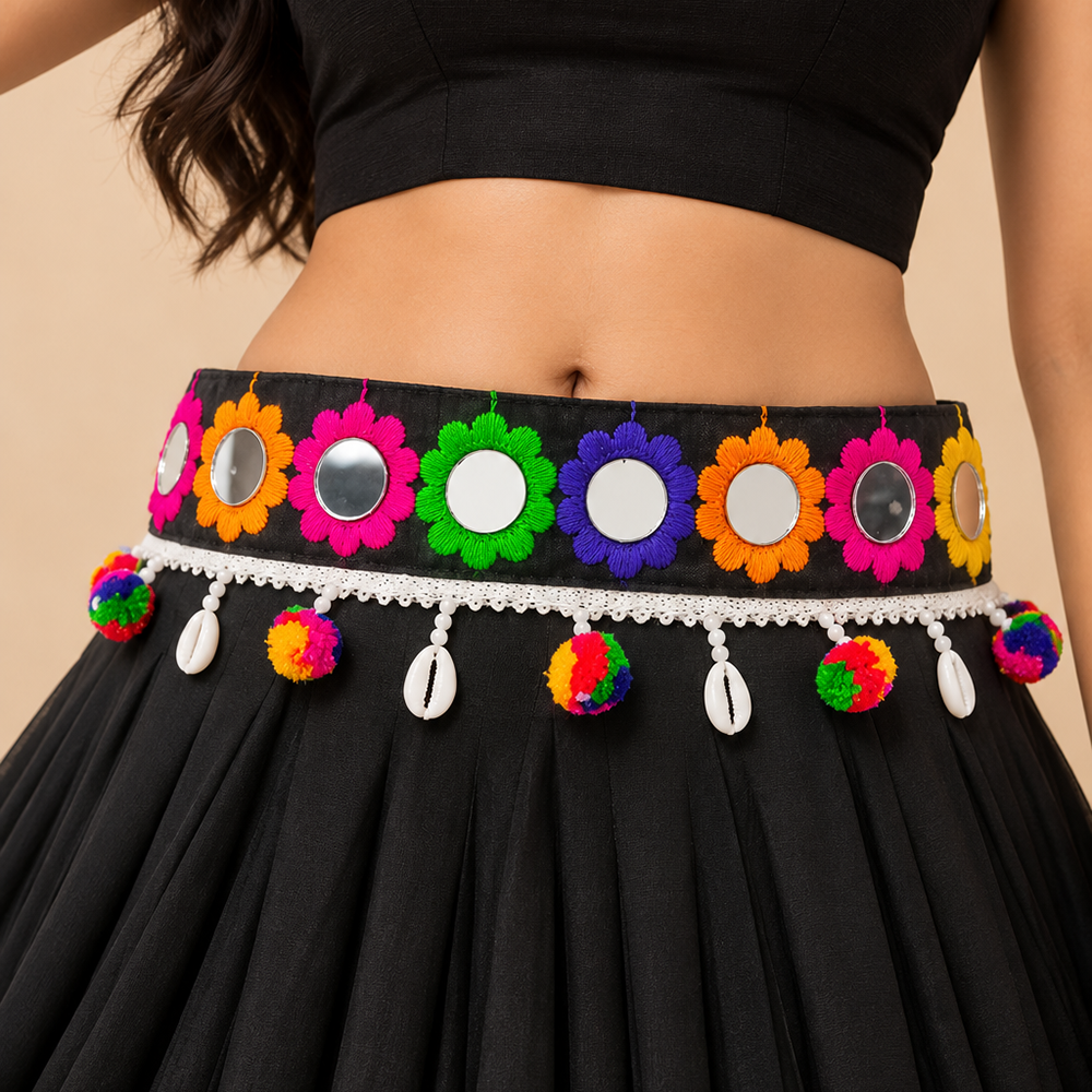 The99Jewel Colorful Mirror Work Shell & Pom Pom Kamarband Waist Belt for Navratri Festive Wear