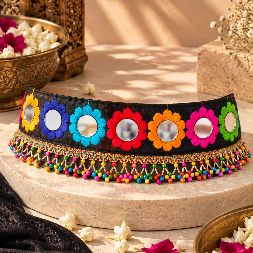 The99Jewel Vibrant Mirror Work Multicolor Pearl Kamarband Waist Belt for Navratri & Festive Occasions