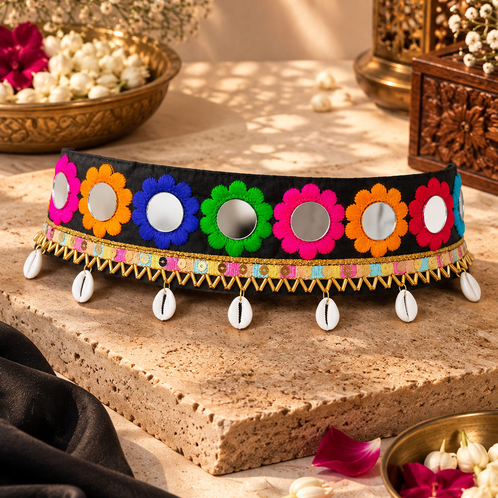 The99Jewel Traditional Navratri Mirror Work & Shell Embellished Kamarband Waist Belt for Women