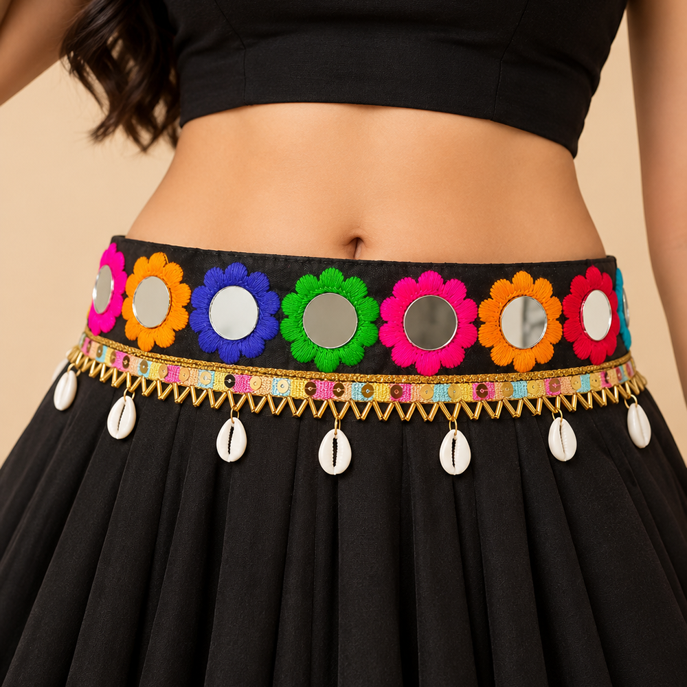 The99Jewel Traditional Navratri Mirror Work & Shell Embellished Kamarband Waist Belt for Women