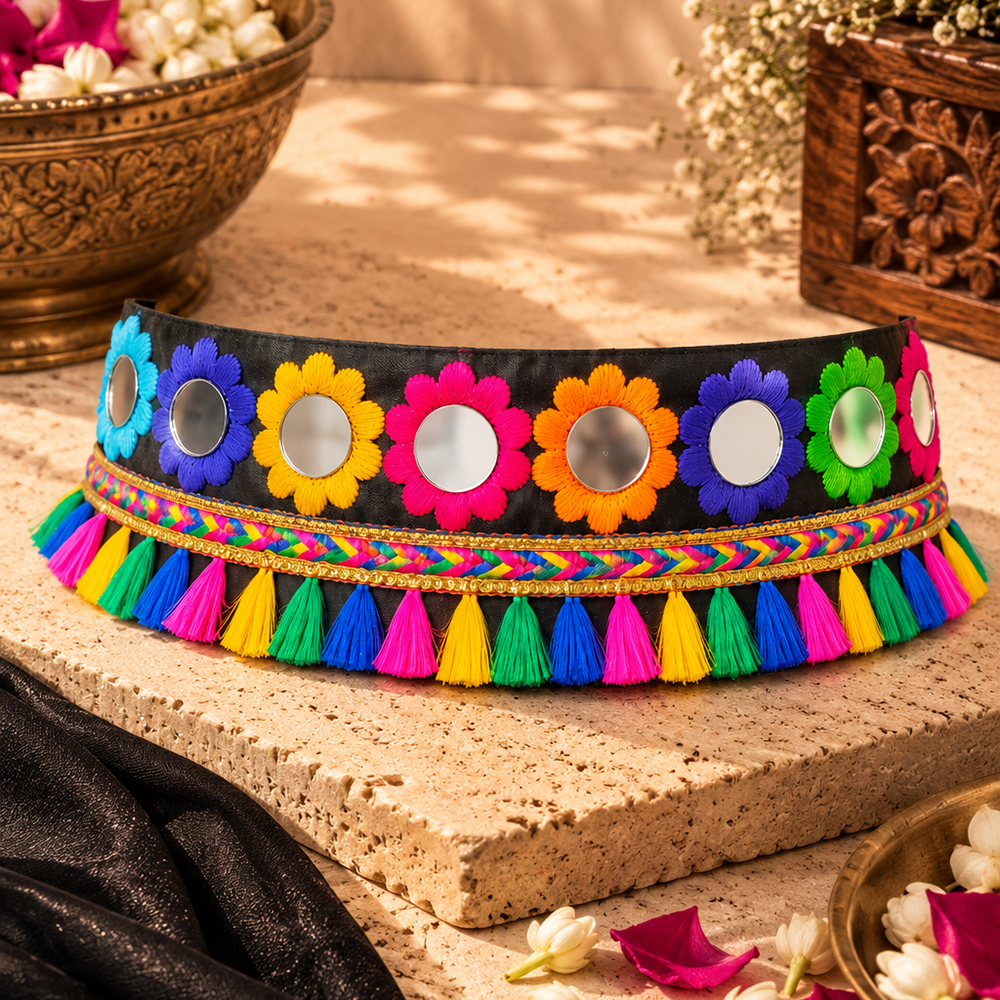 The99Jewel Traditional Navratri Mirror Work & Colorful Tassel Embellished Kamarband Waist Belt for Women