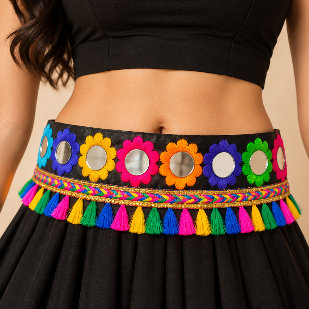The99Jewel Traditional Navratri Mirror Work & Colorful Tassel Embellished Kamarband Waist Belt for Women
