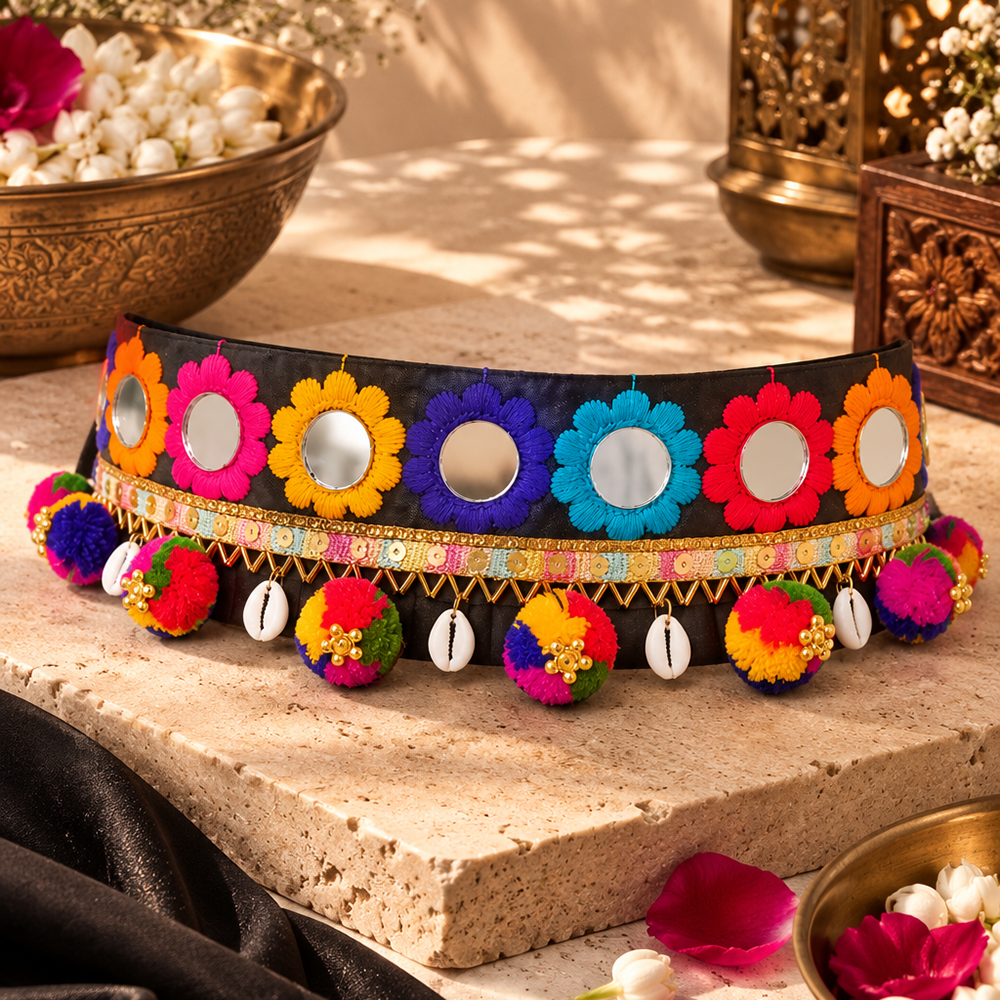 The99Jewel Festive Gujarati Mirror Work Waist Belt with  Triangular Gold Hangings, Shell & Pom Pom Charms