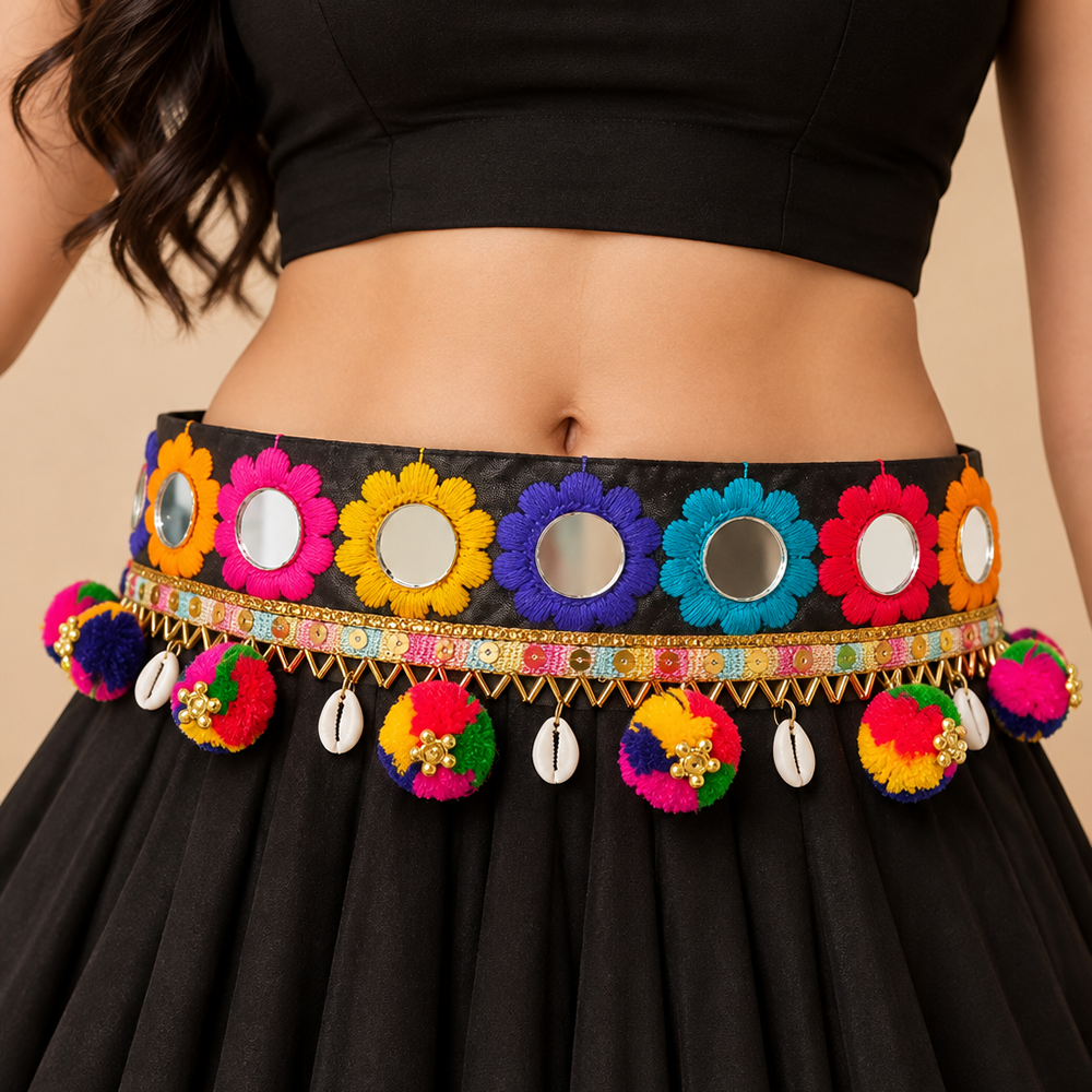 The99Jewel Festive Gujarati Mirror Work Waist Belt with  Triangular Gold Hangings, Shell & Pom Pom Charms