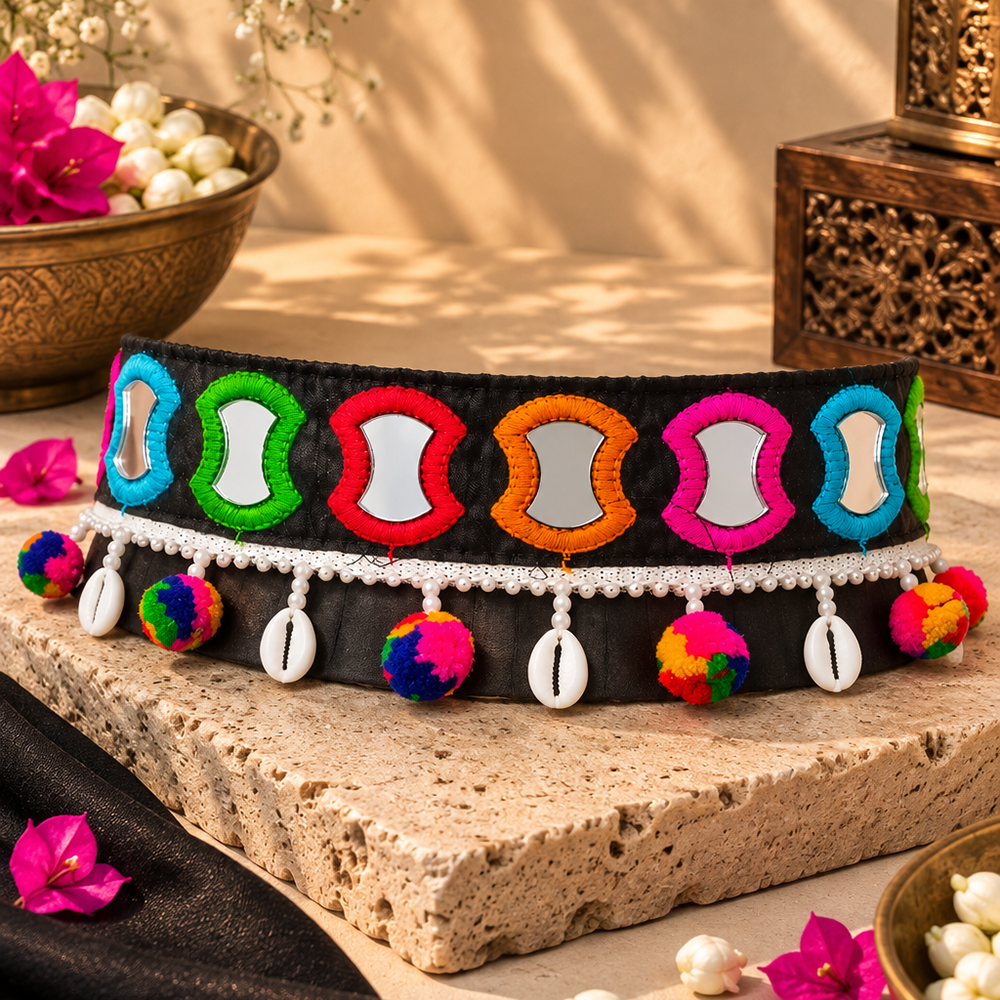 The99Jewel Colorful Mirror Work Shell & Pom Pom Kamarband Waist Belt for Navratri Festive Wear
