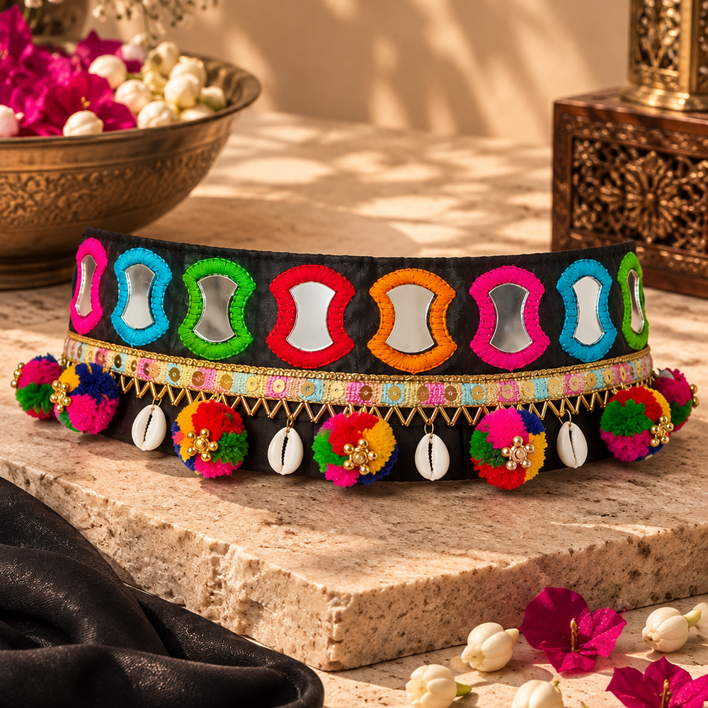 The99Jewel Festive Gujarati Mirror Work Waist Belt with  Triangular Gold Hangings, Shell & Pom Pom Charms