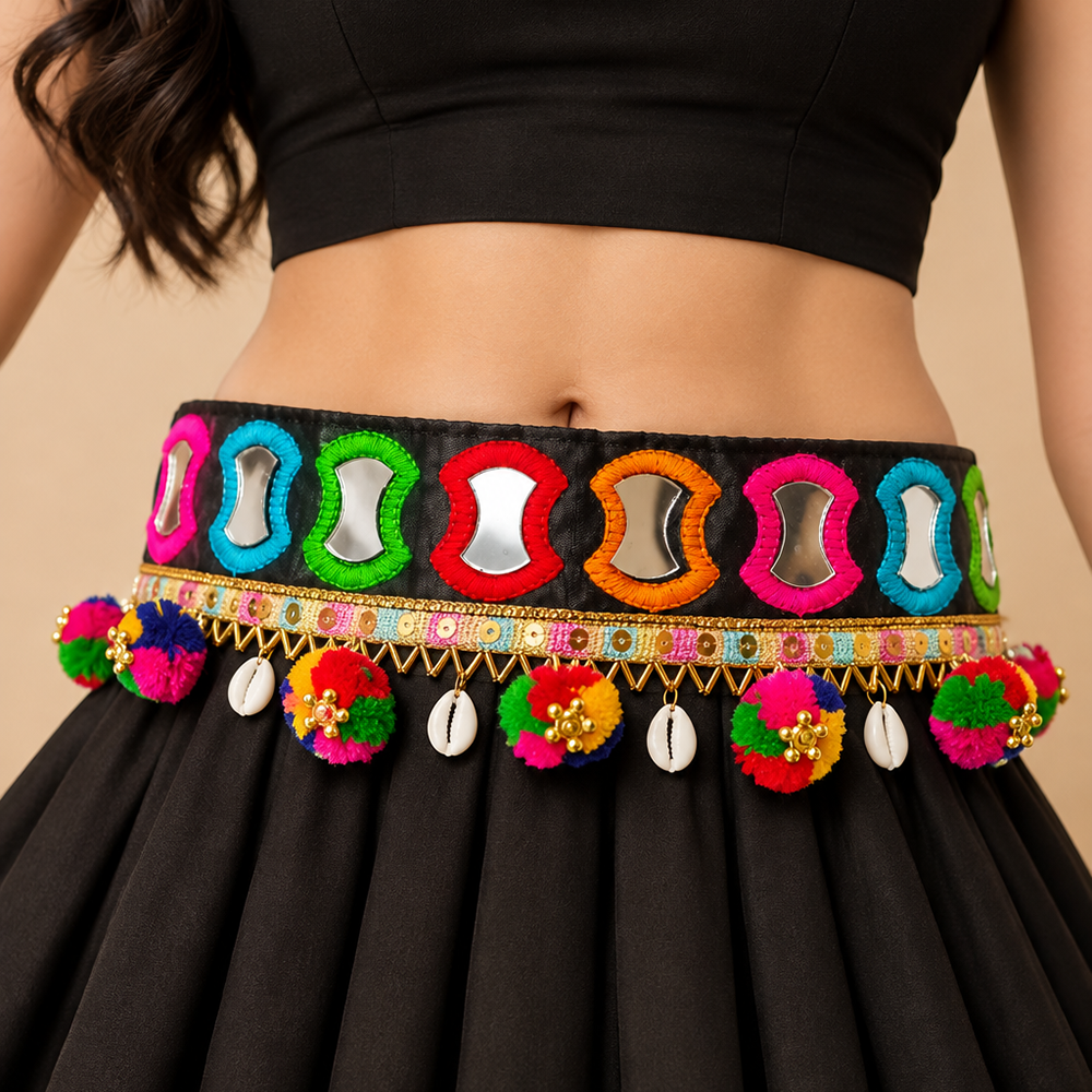 The99Jewel Festive Gujarati Mirror Work Waist Belt with  Triangular Gold Hangings, Shell & Pom Pom Charms