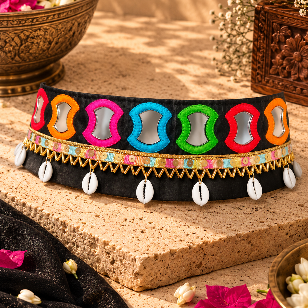 The99Jewel Traditional Navratri Mirror Work & Shell Embellished Kamarband Waist Belt for Women