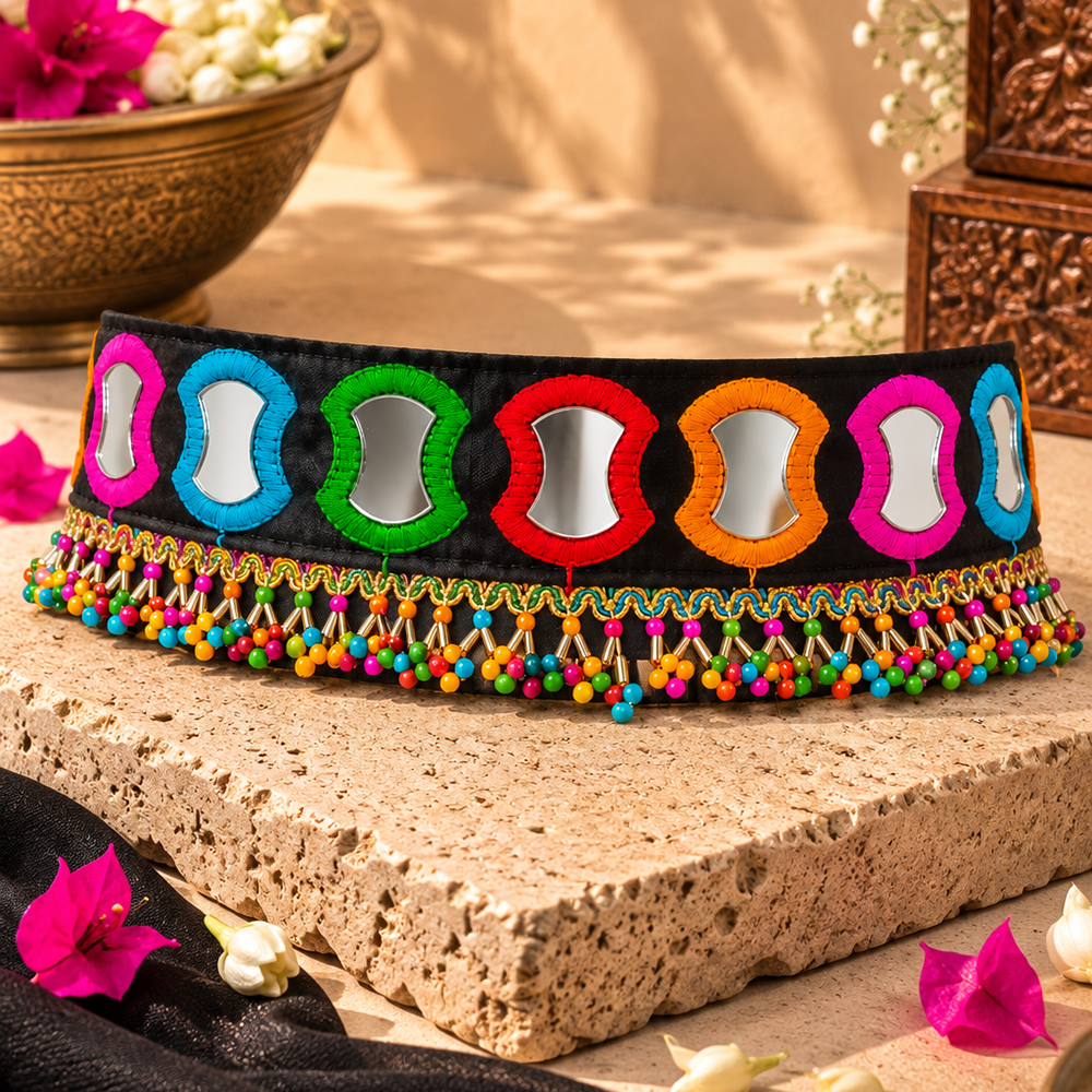 The99Jewel Vibrant Mirror Work Multicolor Pearl Kamarband Waist Belt for Navratri & Festive Occasions