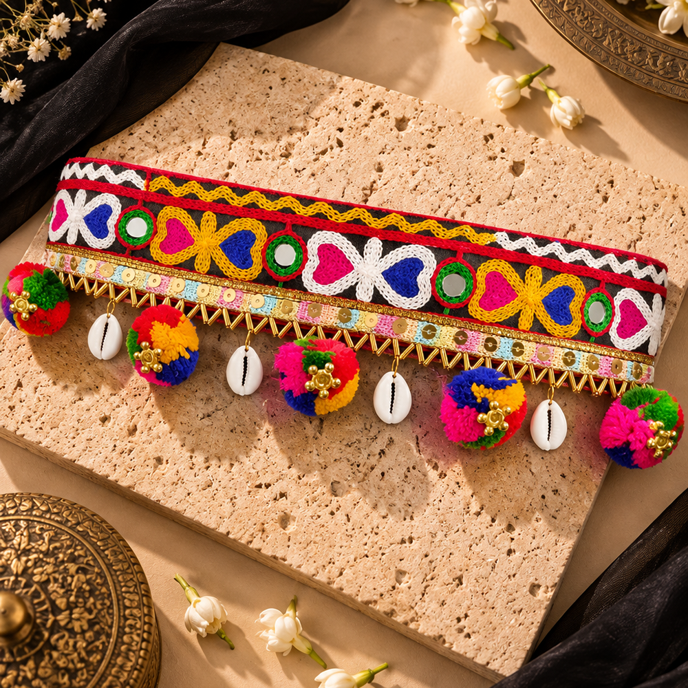 The99Jewel Festive Gujarati Mirror Work Waist Belt with  Triangular Gold Hangings, Shell & Pom Pom Charms